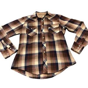Youngblood Authentic Western Shirt Mens M Brown Plaid Pearl Snap Acrylic Flannel